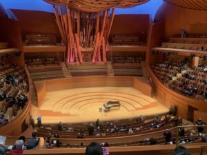 Piano on empty Disney Concert Hall stage